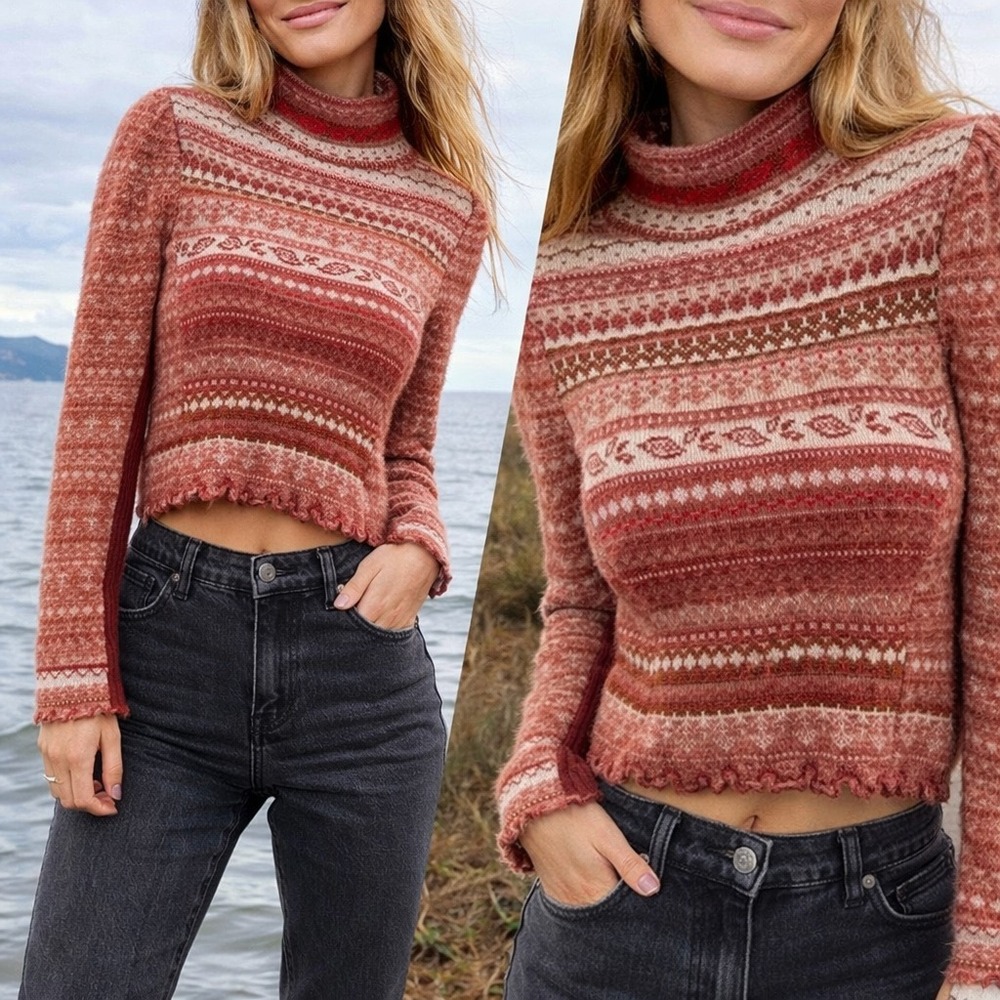 Free People Fair Isle Sweater Womens Medium Cropped Boho‎ Nordic Knit